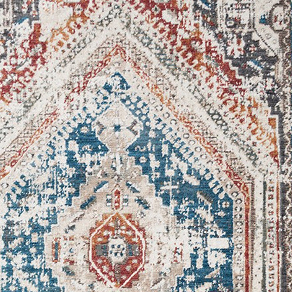 8' x 10' Teal Taupe and Rust Geometric Distressed Area Rug With Fringe
