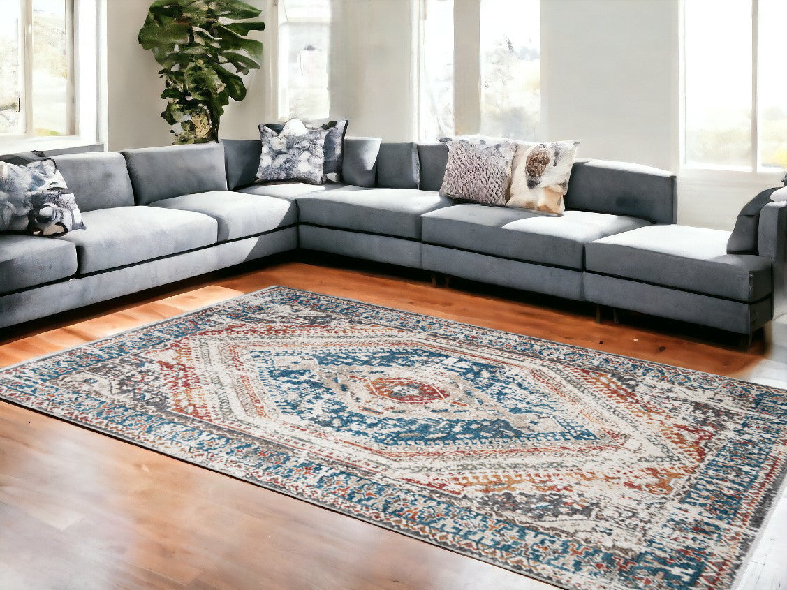 8' x 10' Teal Taupe and Rust Geometric Distressed Area Rug With Fringe