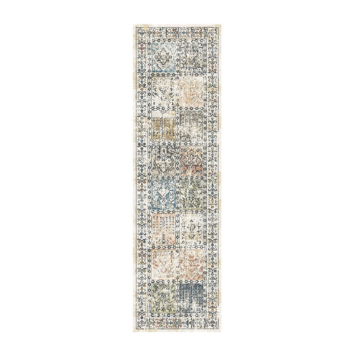 8' Ivory Blue and Gray Patchwork Distressed Runner Rug With Fringe