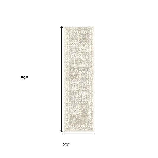 8' Ivory Oriental Distressed Runner Rug With Fringe