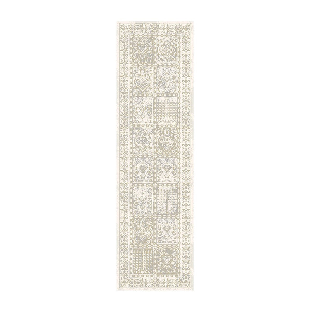 8' Ivory Oriental Distressed Runner Rug With Fringe