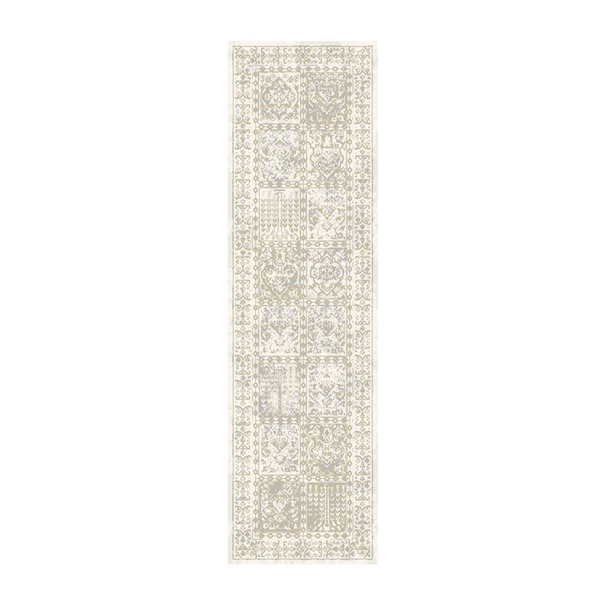 8' Ivory Oriental Distressed Runner Rug With Fringe