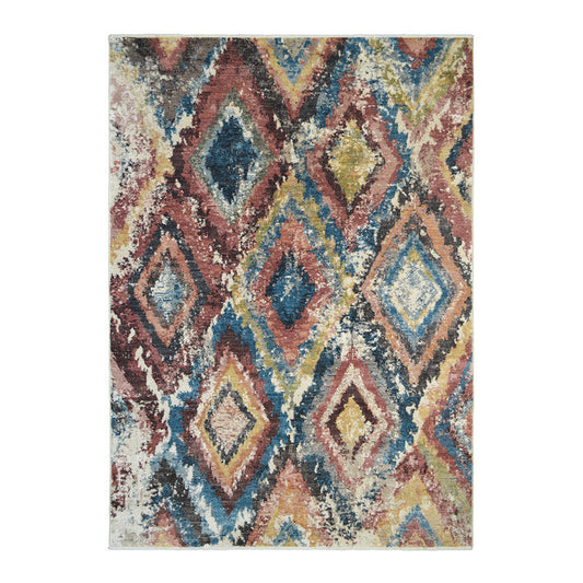 9' X 13' Blue Geometric Distressed Area Rug With Fringe