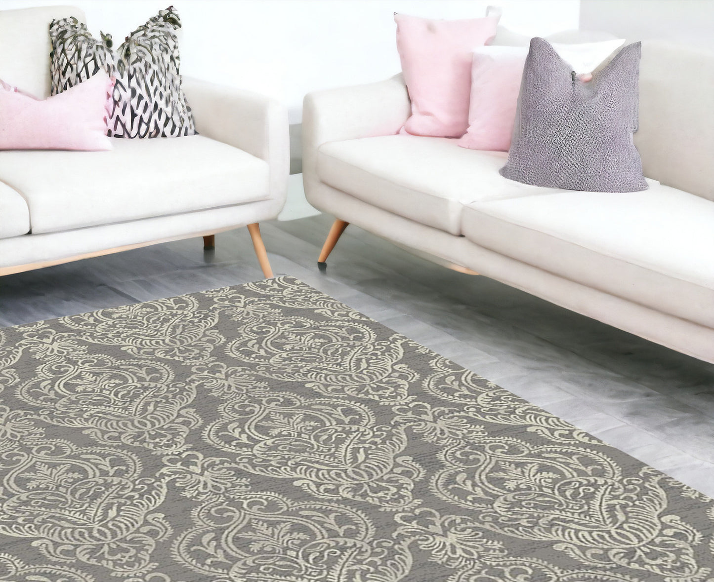 8' x 10' Gray and Beige Damask Area Rug