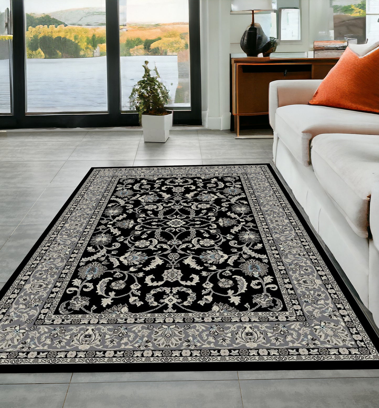 5' x 8' Black and Ivory Oriental Distressed Area Rug