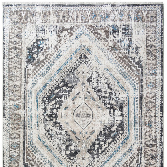 5' x 8' Gray Beige and Blue Geometric Distressed Area Rug With Fringe