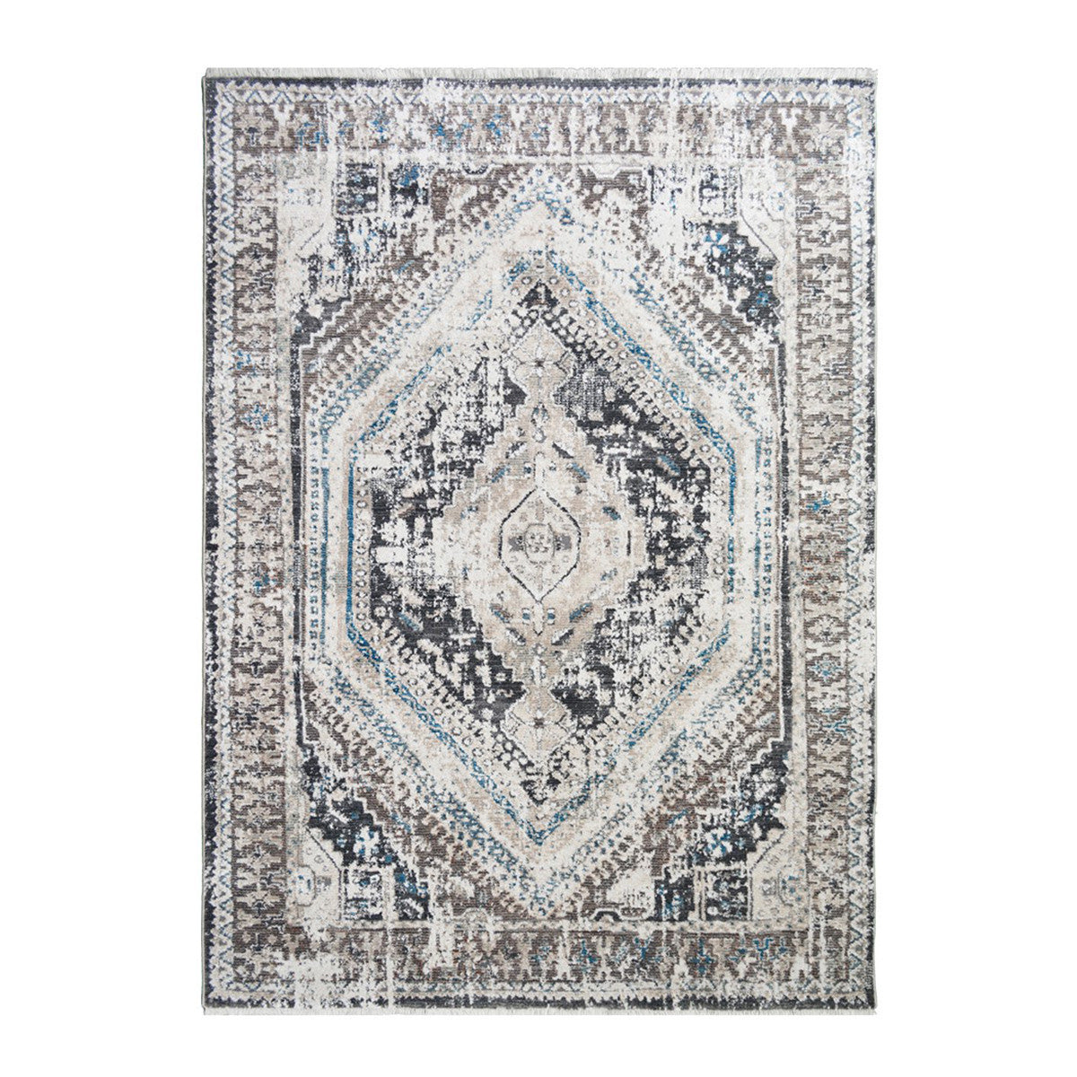 5' x 8' Gray Beige and Blue Geometric Distressed Area Rug With Fringe