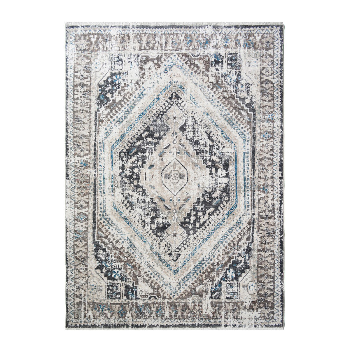 5' x 8' Gray Beige and Blue Geometric Distressed Area Rug With Fringe