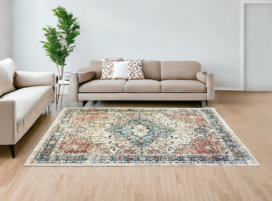 8' x 10' Beige Oriental Distressed Area Rug With Fringe