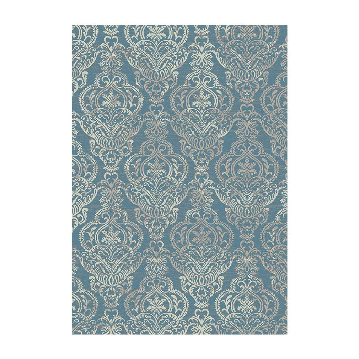 5' x 8' Blue and Beige Damask Distressed Area Rug