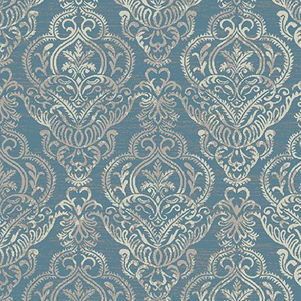 5' x 8' Blue and Beige Damask Distressed Area Rug