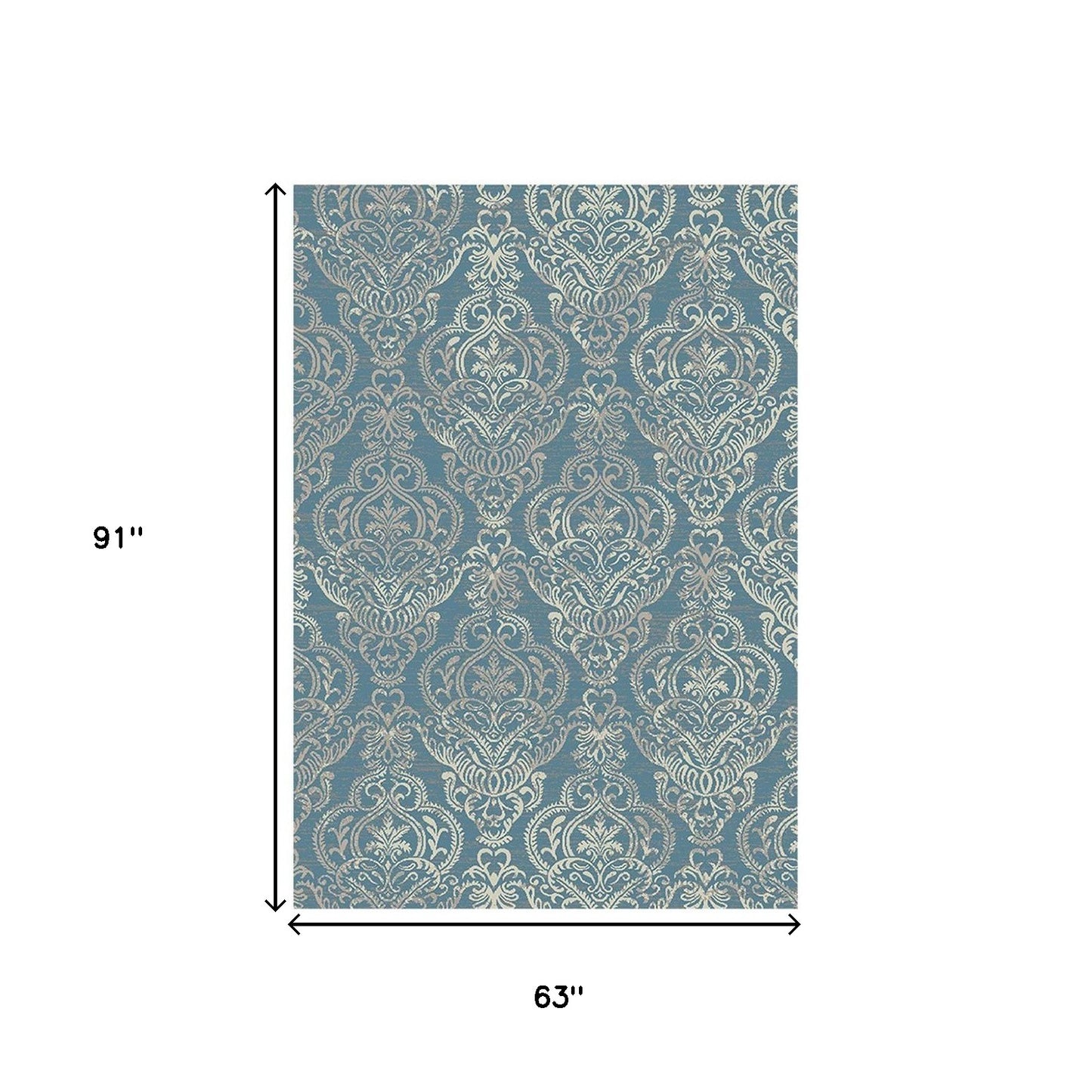 5' x 8' Blue and Beige Damask Distressed Area Rug