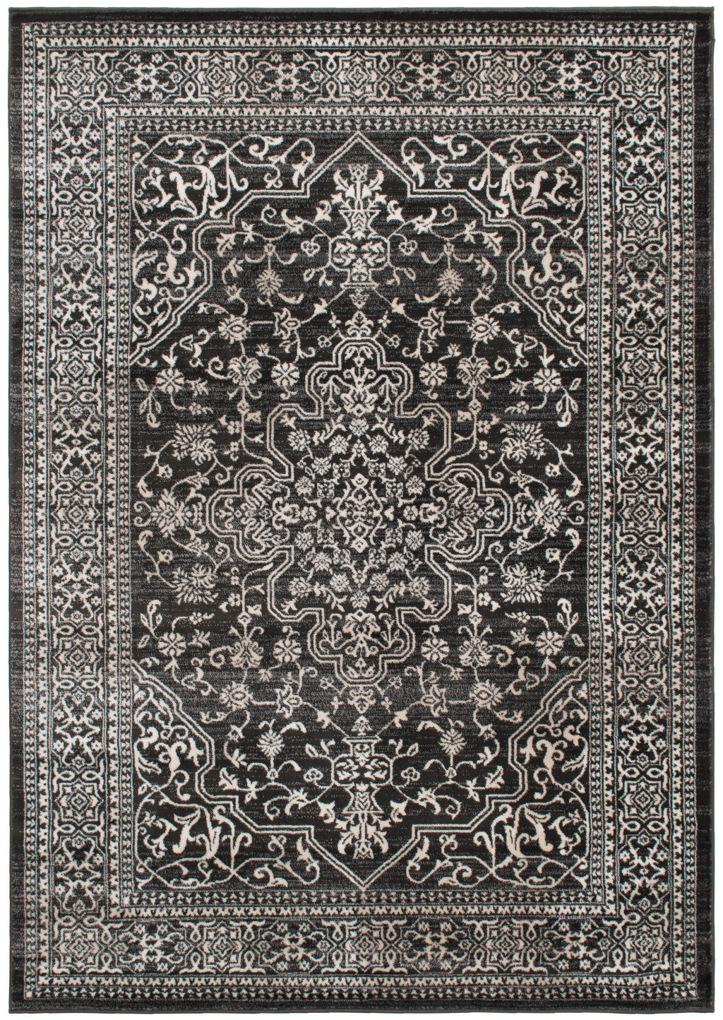 8' x 10' Black and Ivory Oriental Distressed Area Rug