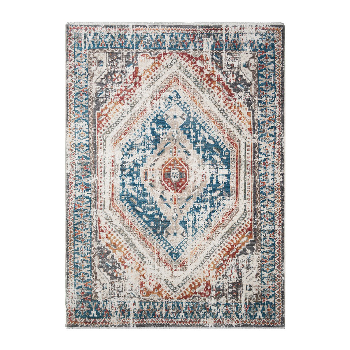 9' X 13' Teal Taupe and Rust Geometric Distressed Area Rug With Fringe