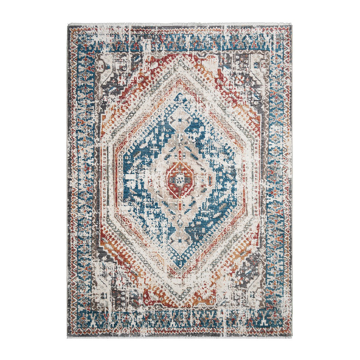 9' X 13' Teal Taupe and Rust Geometric Distressed Area Rug With Fringe