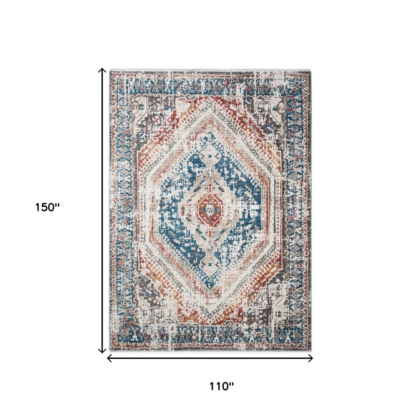 9' X 13' Teal Taupe and Rust Geometric Distressed Area Rug With Fringe