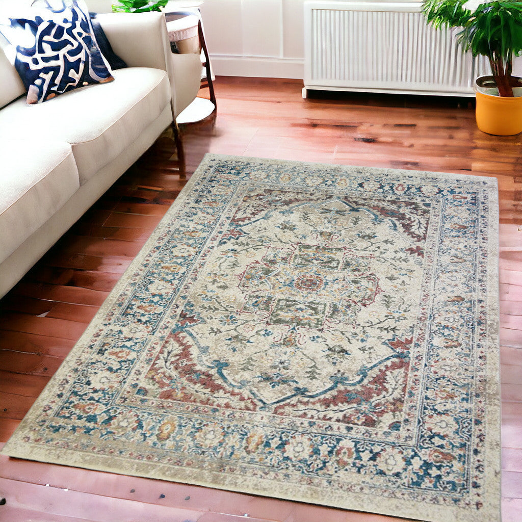 5' x 8' Ivory Blue and Gray Oriental Distressed Area Rug With Fringe