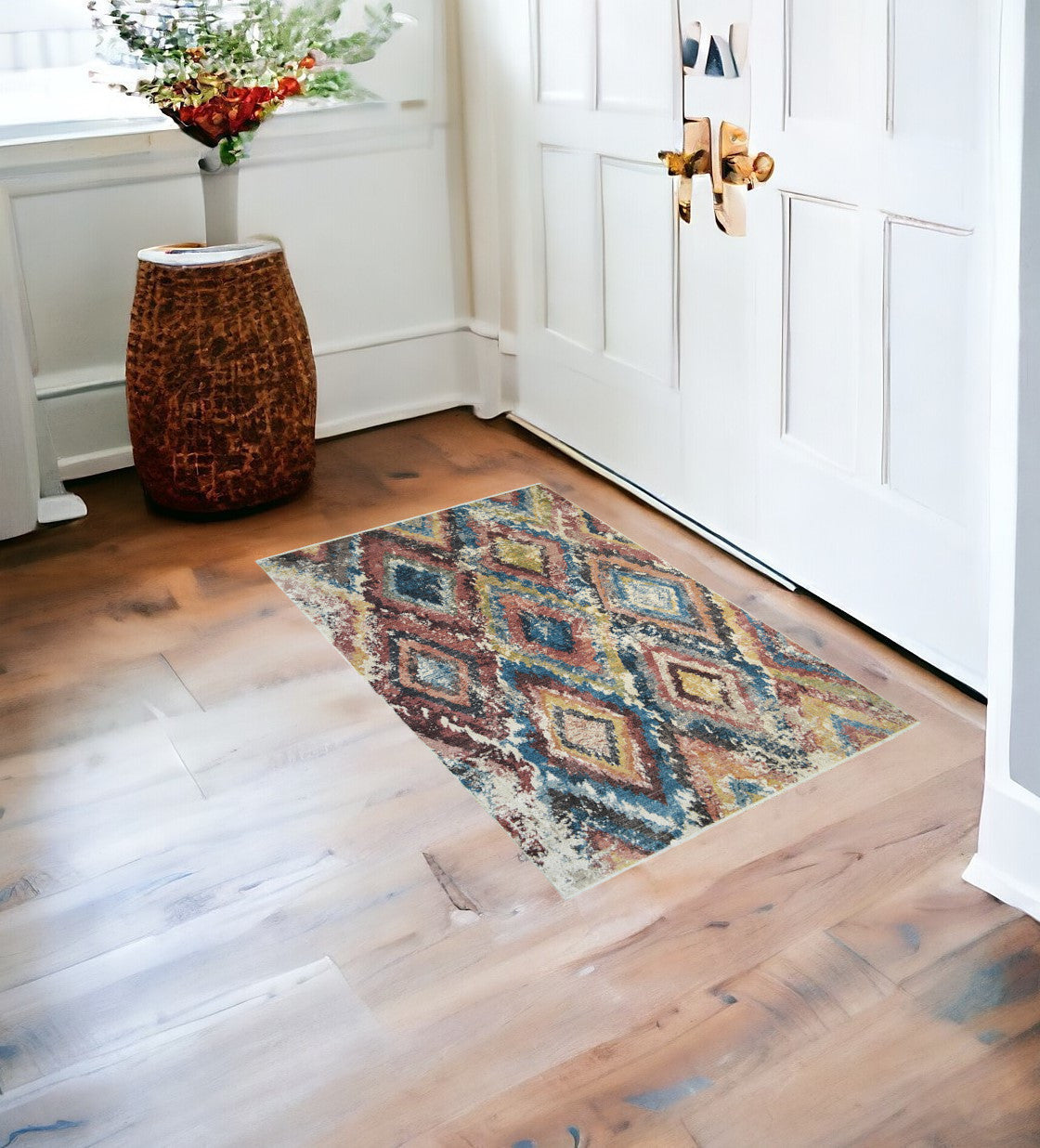 2' x 3' Blue Geometric Distressed Area Rug With Fringe