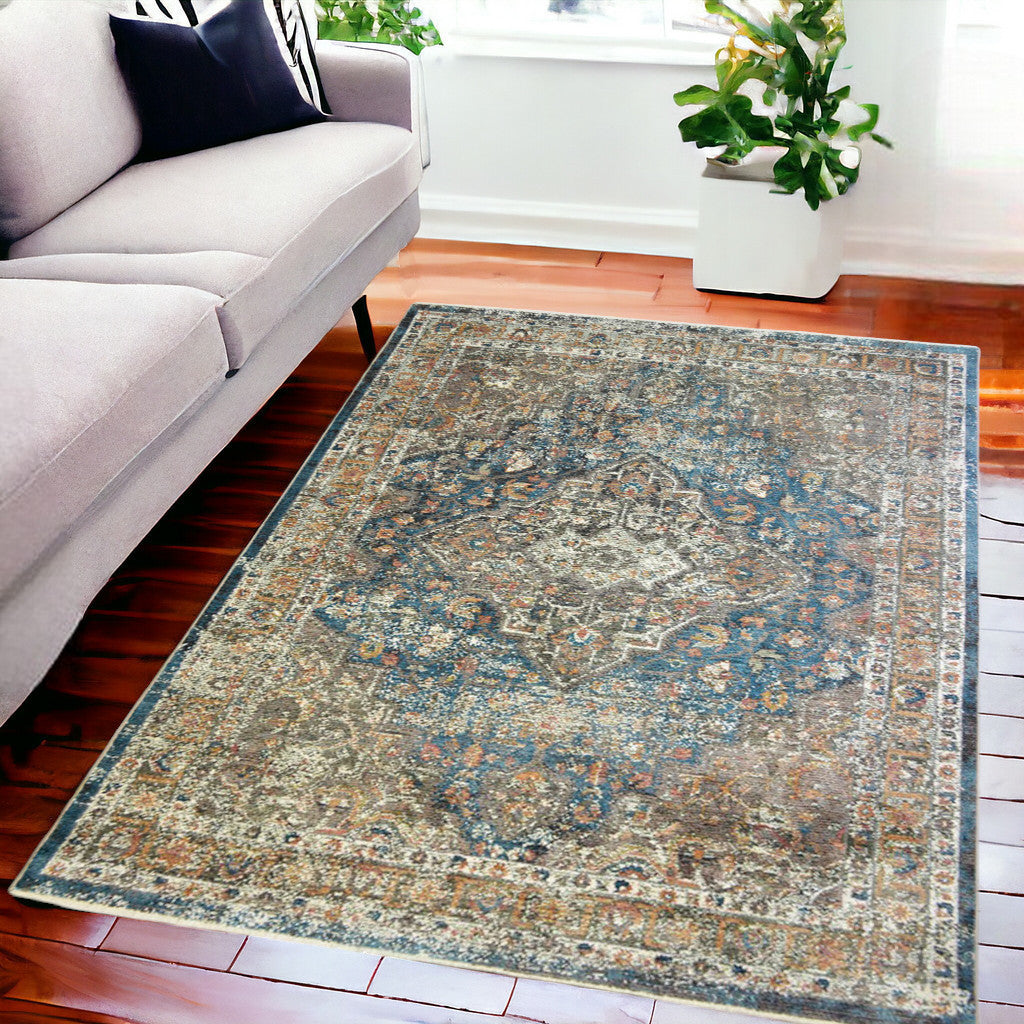 5' x 8' Blue and Brown Oriental Distressed Area Rug With Fringe