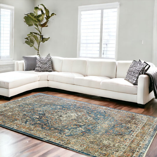 9' X 13' Blue and Brown Oriental Distressed Area Rug With Fringe