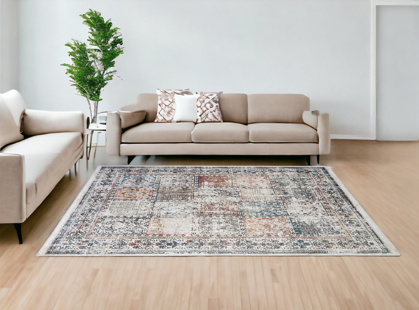 8' x 10' Ivory Oriental Distressed Area Rug With Fringe