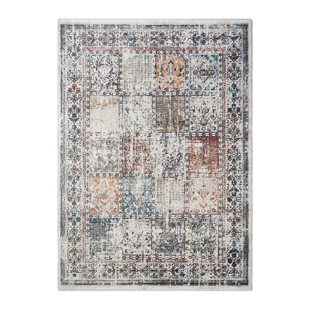 2' x 3' Ivory Blue and Gray Patchwork Distressed Area Rug With Fringe