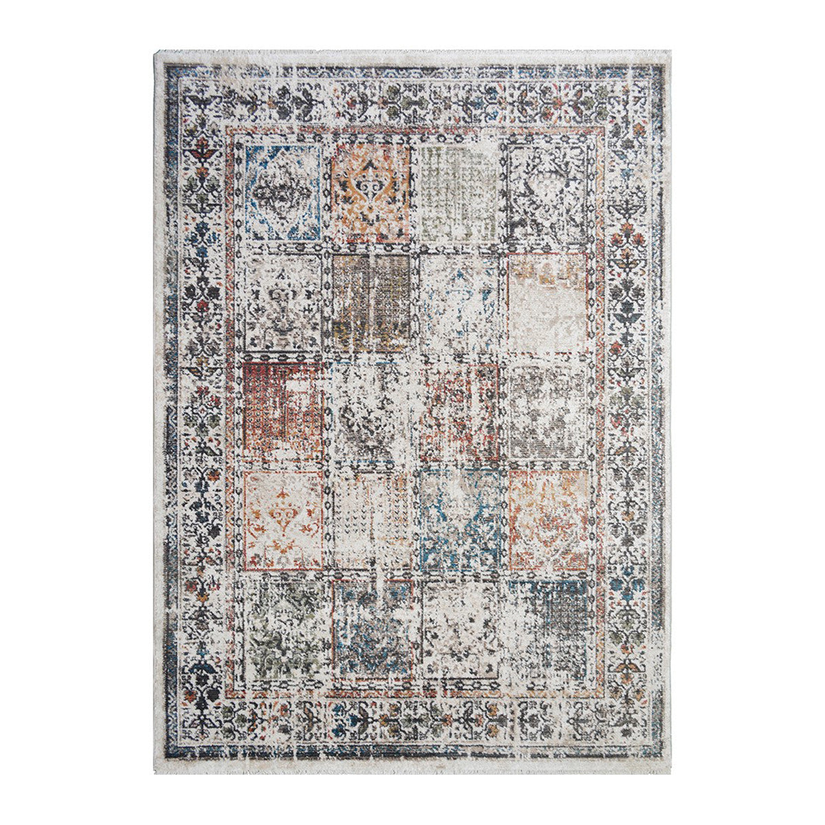 2' x 3' Ivory Blue and Gray Patchwork Distressed Area Rug With Fringe