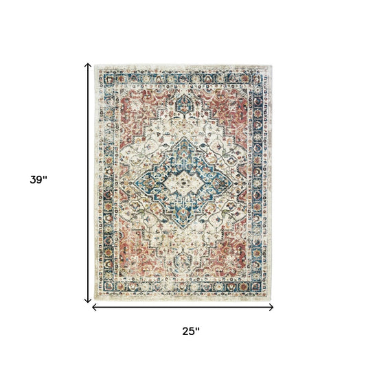 2' x 3' Beige Oriental Distressed Area Rug With Fringe
