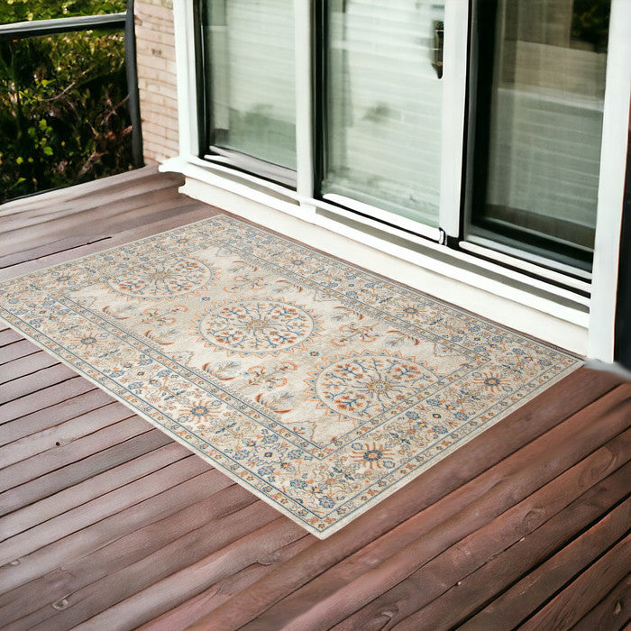 2' x 3' Blue and Orange Medallion Stain Resistant Indoor Outdoor Area Rug