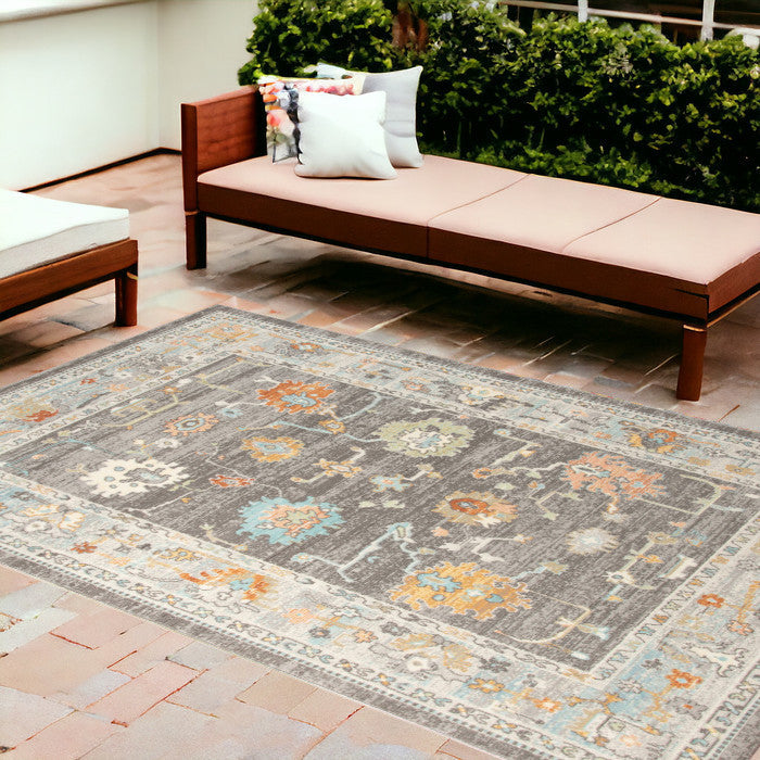 8' x 10' Gray and Orange Floral Stain Resistant Indoor Outdoor Area Rug