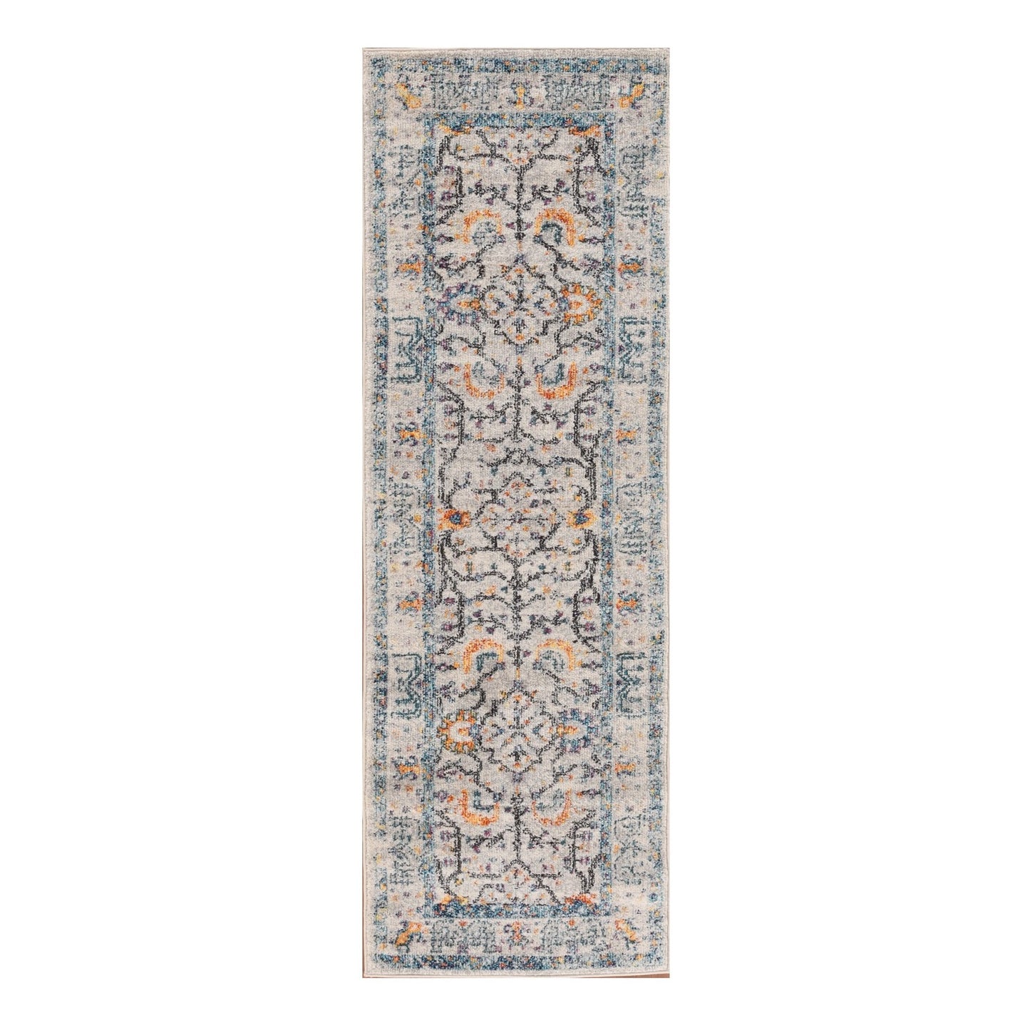 8' Runner Yellow and Ivory Oriental Stain Resistant Indoor Outdoor Runner Rug