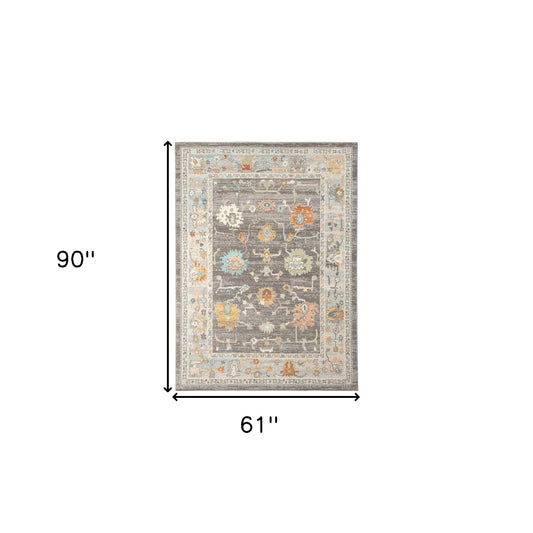 5' x 7' Gray and Orange Floral Stain Resistant Indoor Outdoor Area Rug