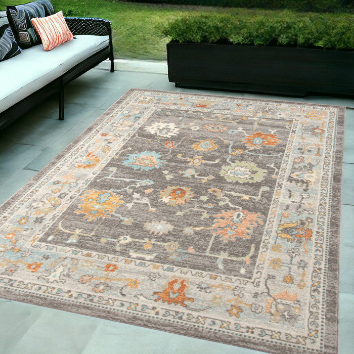 5' x 7' Gray and Orange Floral Stain Resistant Indoor Outdoor Area Rug