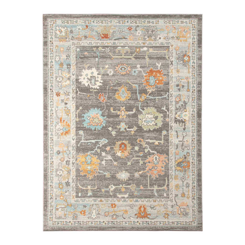 5' x 7' Gray and Orange Floral Stain Resistant Indoor Outdoor Area Rug