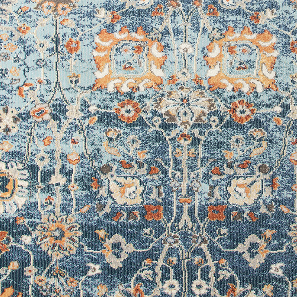 9' x 12' Blue and Orange Floral Stain Resistant Indoor Outdoor Area Rug