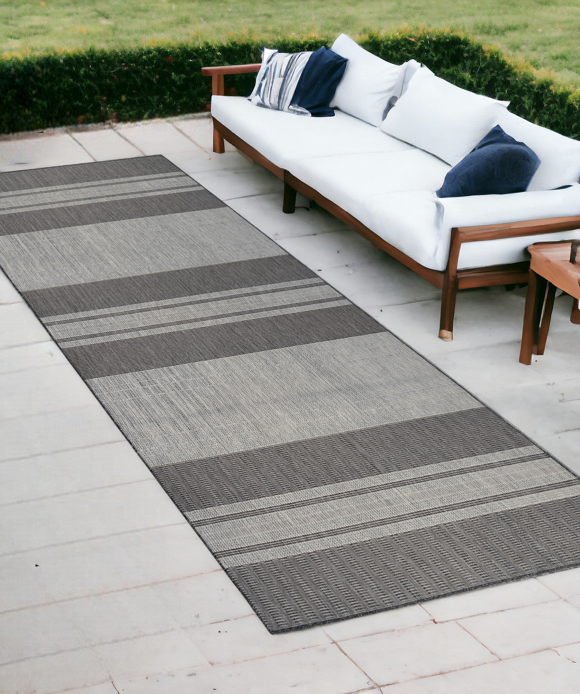 8' Runner Blue and Gray Striped Stain Resistant Indoor Outdoor Runner Rug