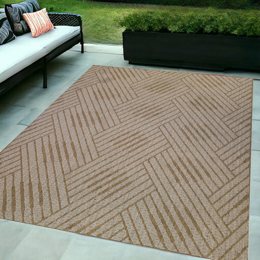 6' x 9' Beige Geometric Stain Resistant Indoor Outdoor Area Rug