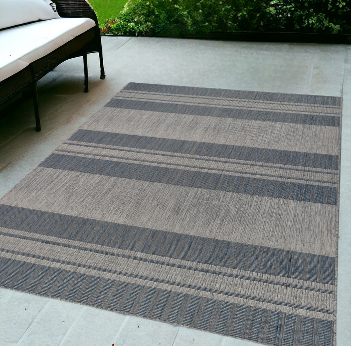 5' x 8' Blue and Gray Striped Stain Resistant Indoor Outdoor Area Rug