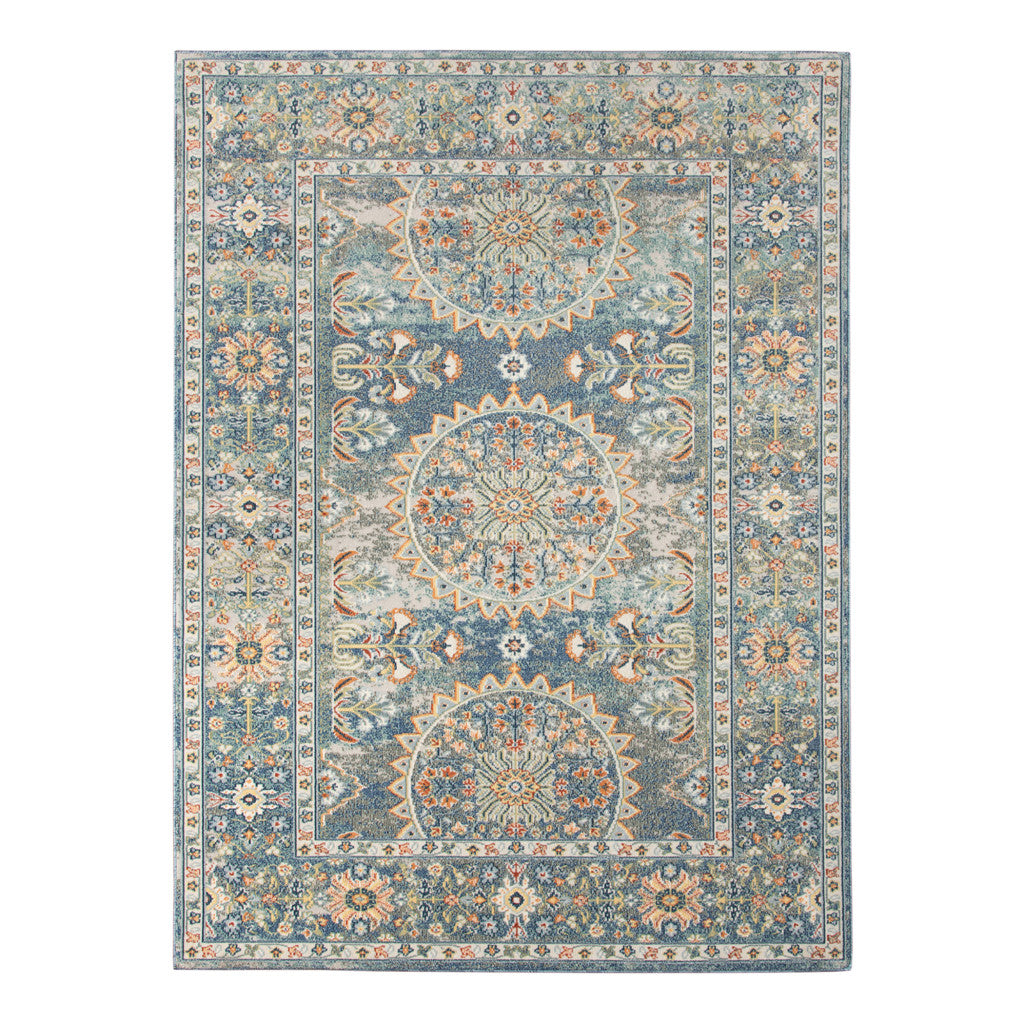 9' x 12' Blue and Orange Floral Medallion Stain Resistant Indoor Outdoor Area Rug