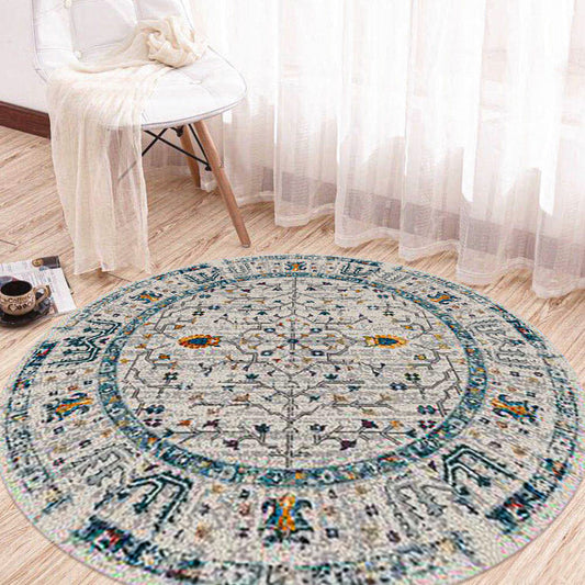 7' Round Yellow and Ivory Round Southwestern Stain Resistant Indoor Outdoor Area Rug