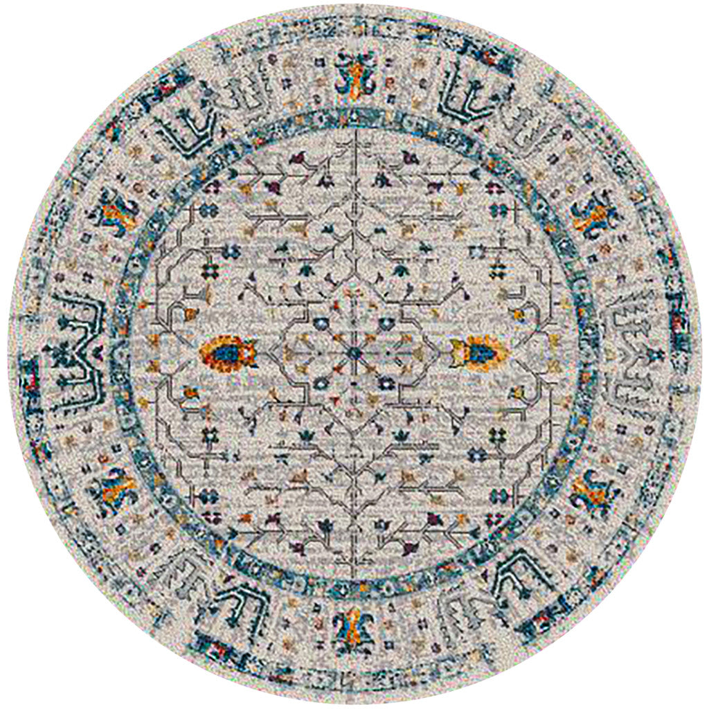 7' Round Yellow and Ivory Round Southwestern Stain Resistant Indoor Outdoor Area Rug