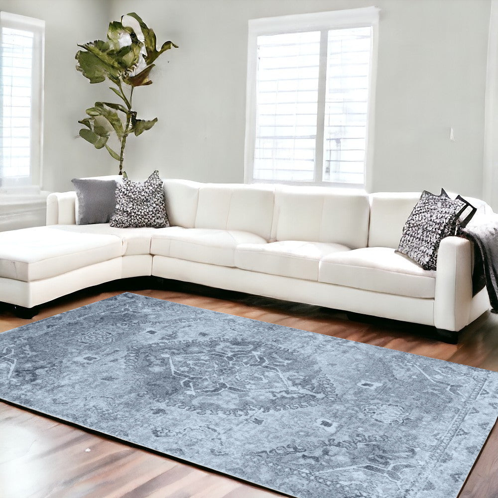 8' X 11' Blue Oriental Distressed Area Rug