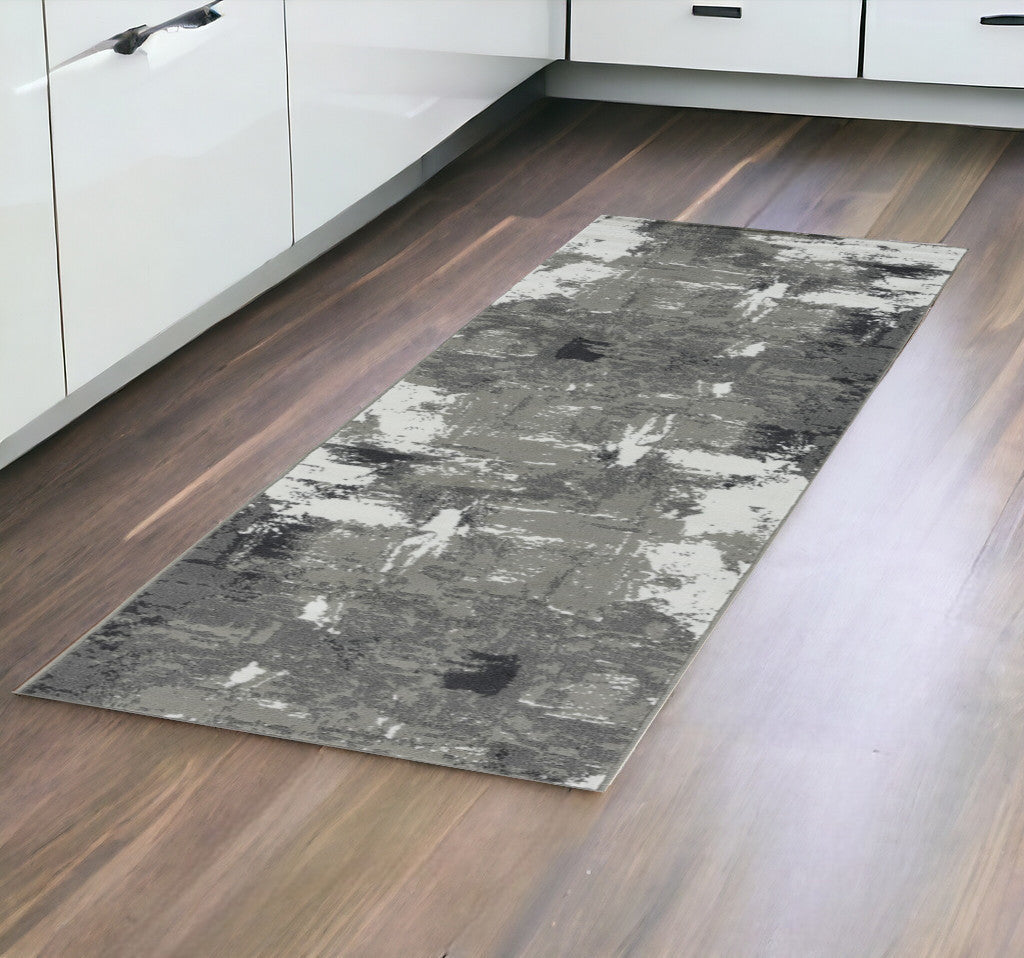 10' Gray and Ivory Abstract Power Loom Runner Rug