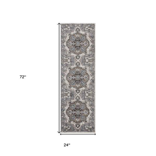 2' X 6' Gray and Beige Medallion Power Loom Runner Rug