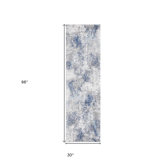 8' Gray and Blue Abstract Power Loom Runner Rug