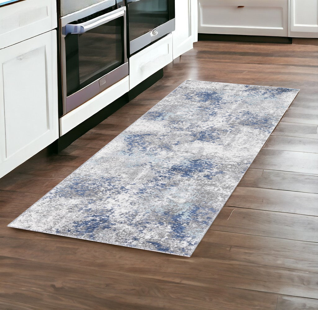 8' Gray and Blue Abstract Power Loom Runner Rug