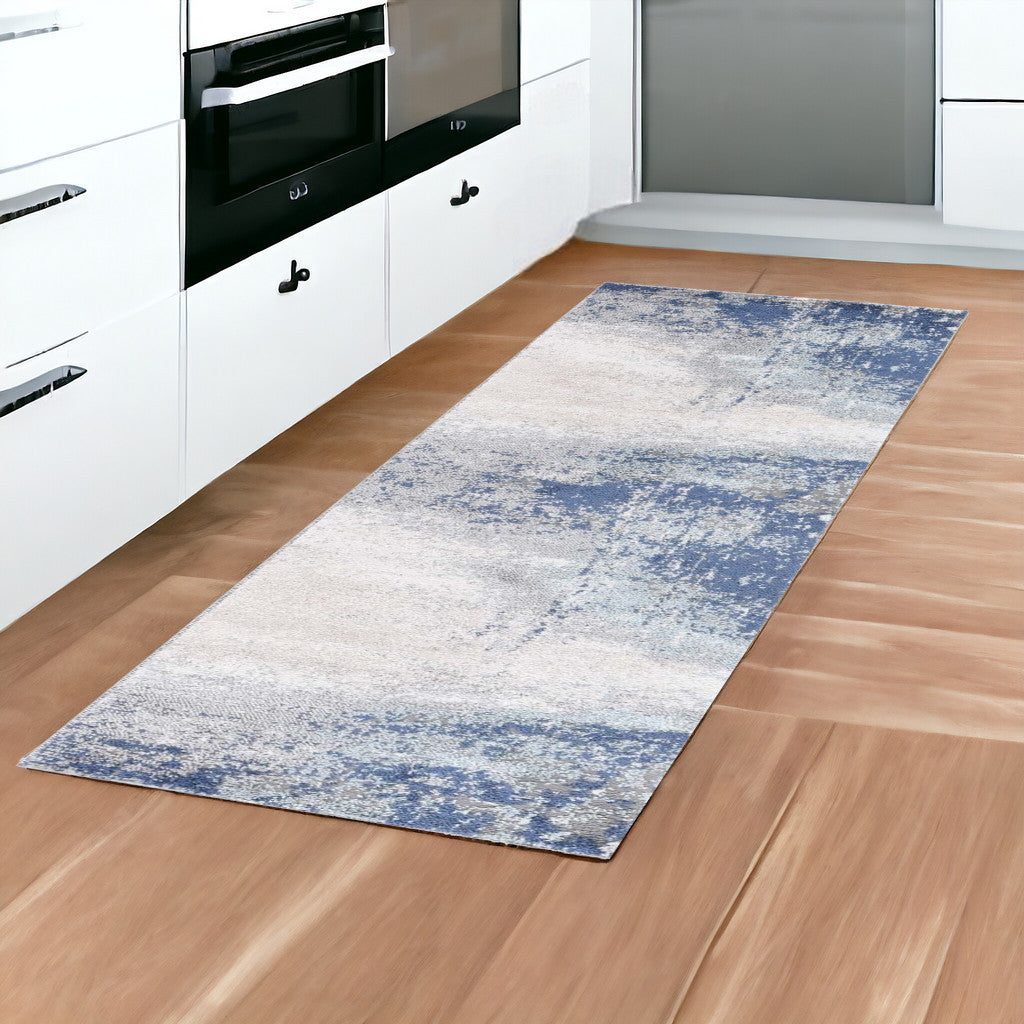 8' Blue and Gray Abstract Power Loom Runner Rug