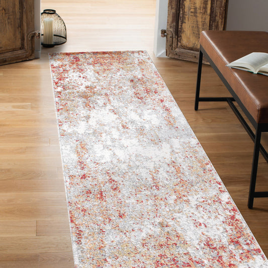 8' Gray and Red Abstract Power Loom Runner Rug