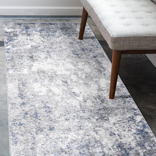8' Blue and Gray Abstract Power Loom Runner Rug