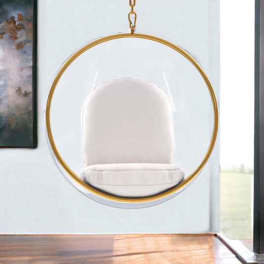 42" White and Gold Acrylic and Faux Leather Hanging Balloon Chair